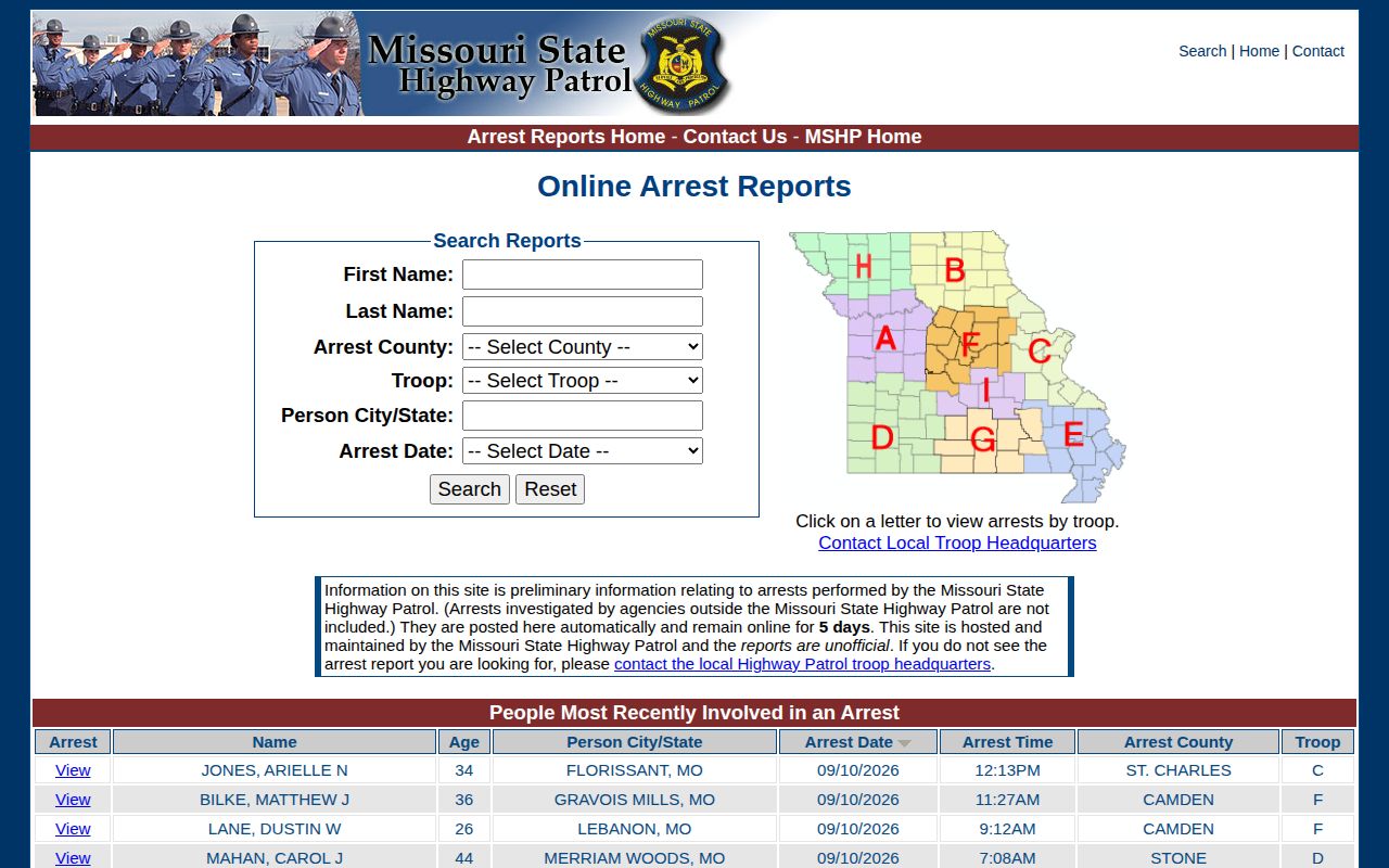 MSHP form for Hickory County recent arrests