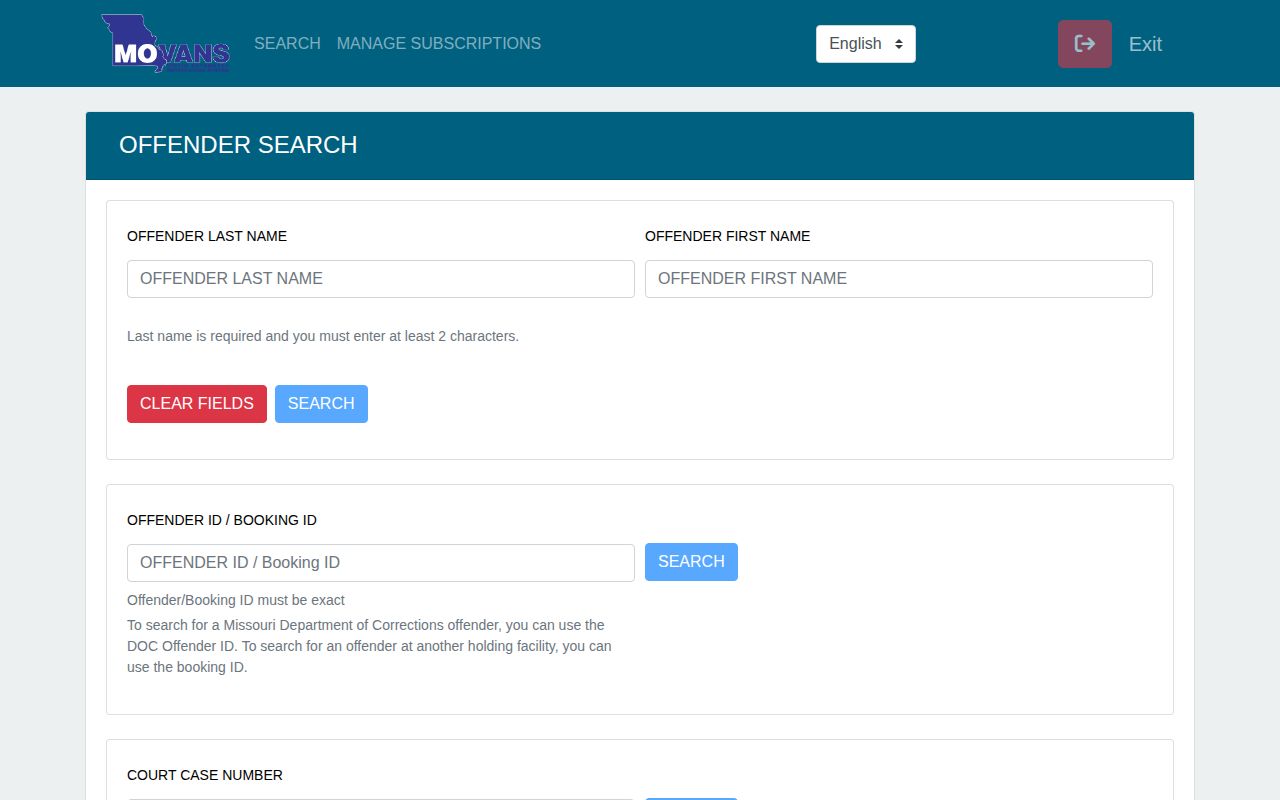 MOVANS offender search form with name offender number and facility controls