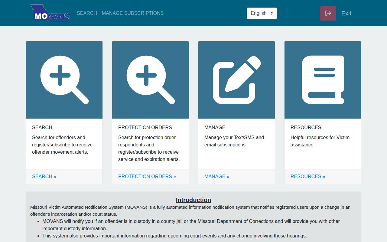 Missouri MOVANS state and county custody portal landing screen