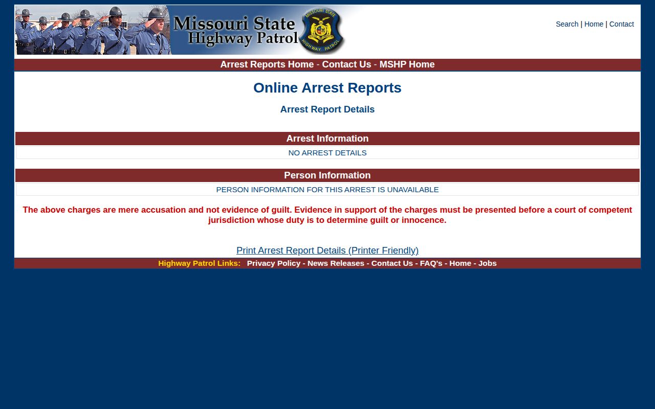Text fields and accusation disclaimer in an official MSHP arrest detail