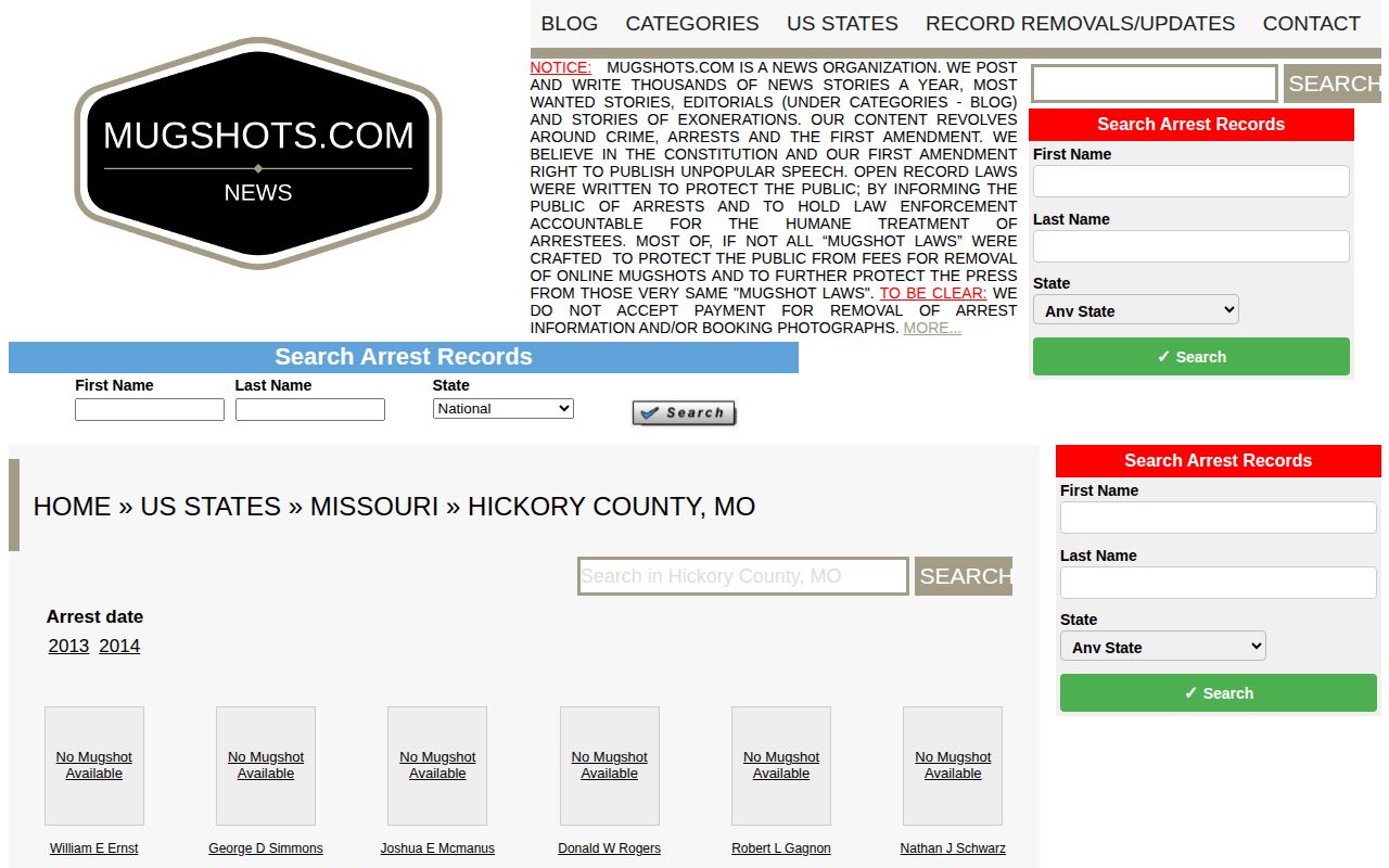 Unofficial historical Hickory County arrest archive