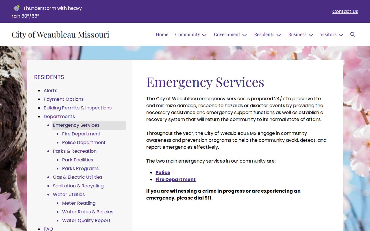 Weaubleau emergency services page for police and arrest routing