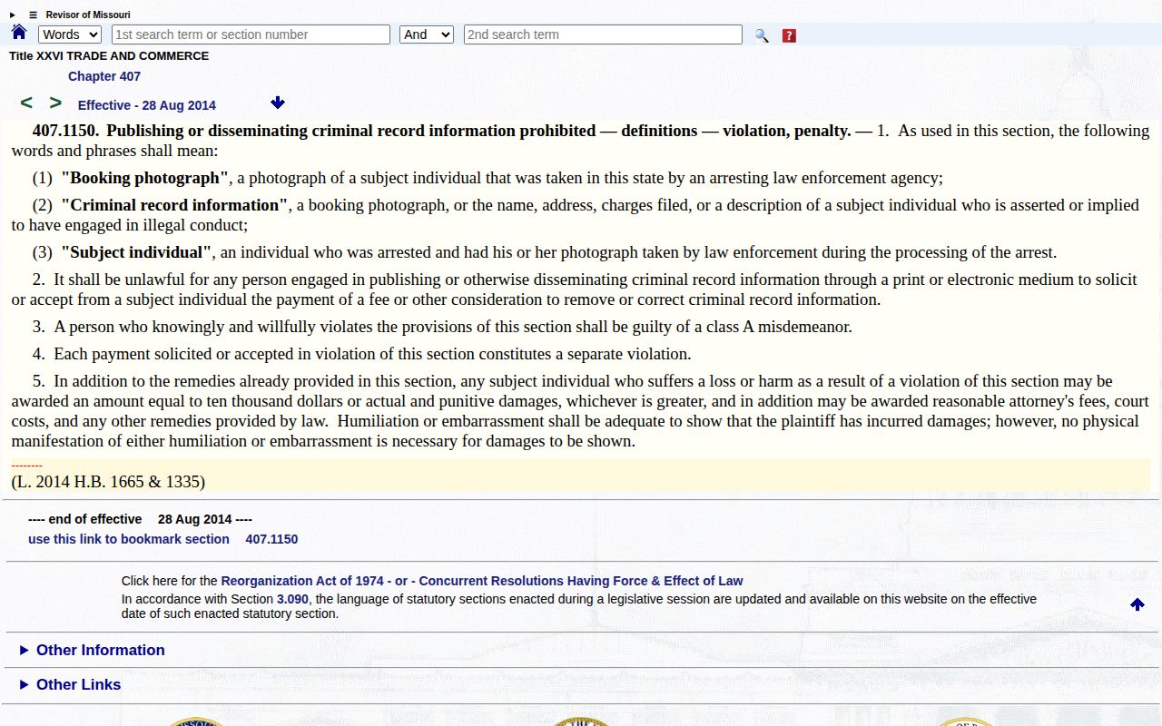 Missouri law on Hickory County booking photo removal fees